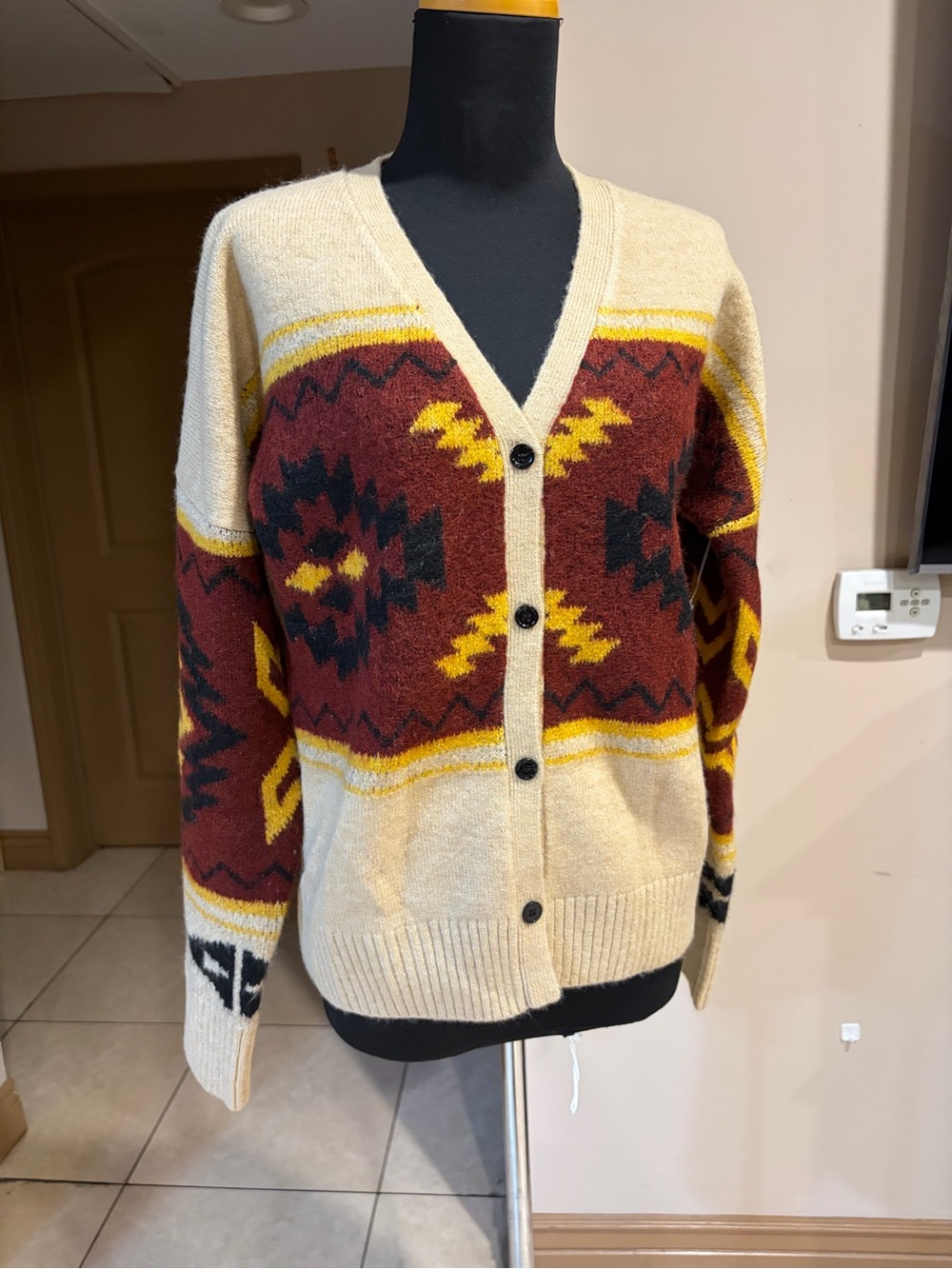 ANDREE BY UNIT Beige, Burgundy & Yellow Patterned Cardigan